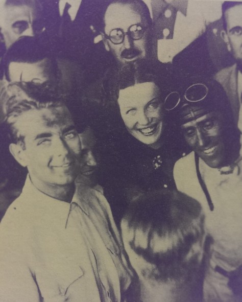 Nuvolari and Rosemeyer, with Bernd's wife Elly the aviatrix. They would become firm friends, and Tazio would wear Bernd's red at Auto Union. Rosemeyer always wanted to have Tazio at Auto Union; he felt Tazio was the only man he wanted to race in equal machinery. 